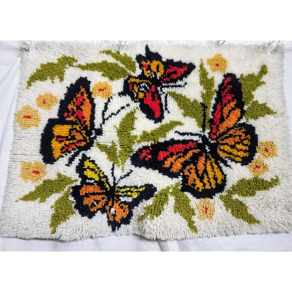 Vintage Latch Hook Rug 35x24 Butterflies Flowers Retro 70's Orange Yellow